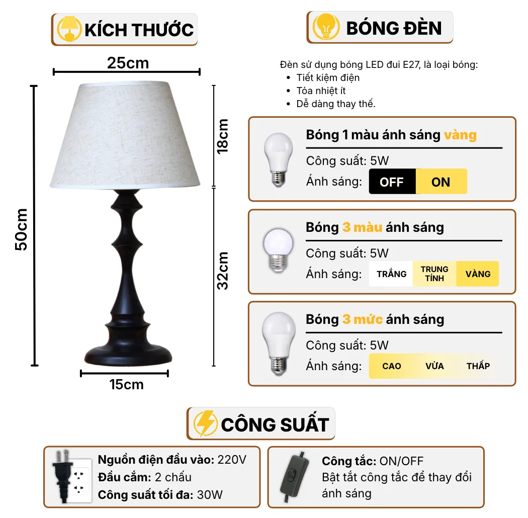 Thông Số Kĩ Thuật Đèn Ngủ Để Bàn HUTA Light For Life T2 Điều Chỉnh Độ Sáng, Bóng Led Sáng Vàng Tiết Kiệm Điện Năng