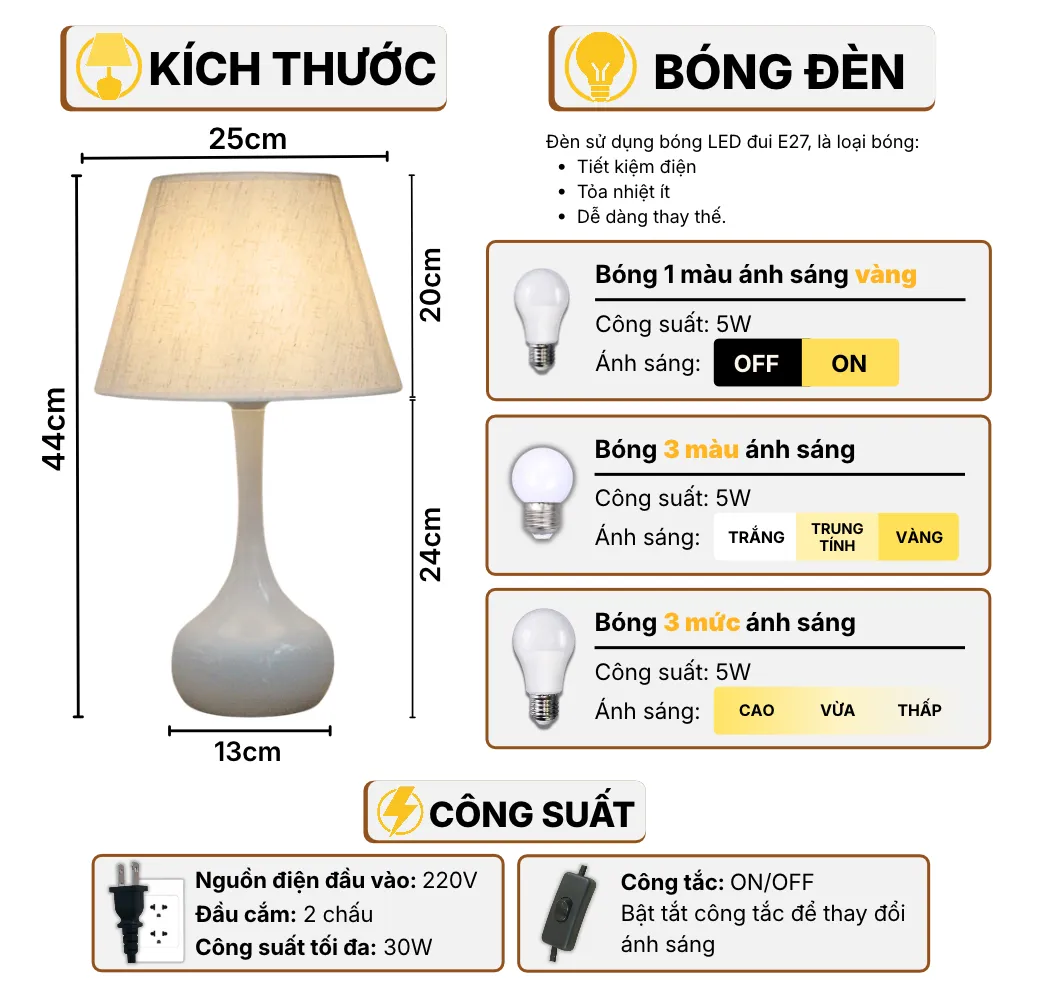 Thông Số Kĩ Thuật Đèn Ngủ Để Bàn HUTA Light For Life G2 Điều Chỉnh Độ Sáng, Bóng Led Sáng Vàng Tiết Kiệm Điện Năng