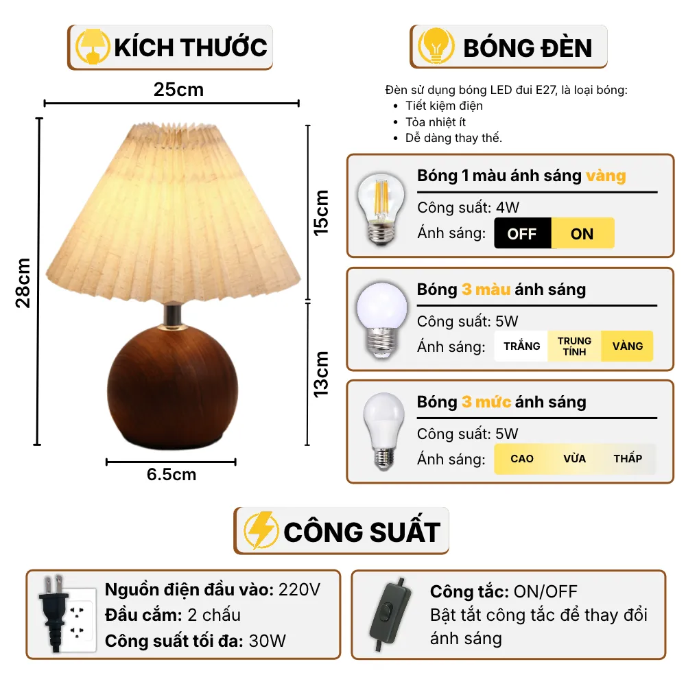 Thông Số Kĩ Thuật Đèn Ngủ Để Bàn HUTA Light For Life T8 Điều Chỉnh Độ Sáng, Bóng Led Sáng Vàng Tiết Kiệm Điện Năng