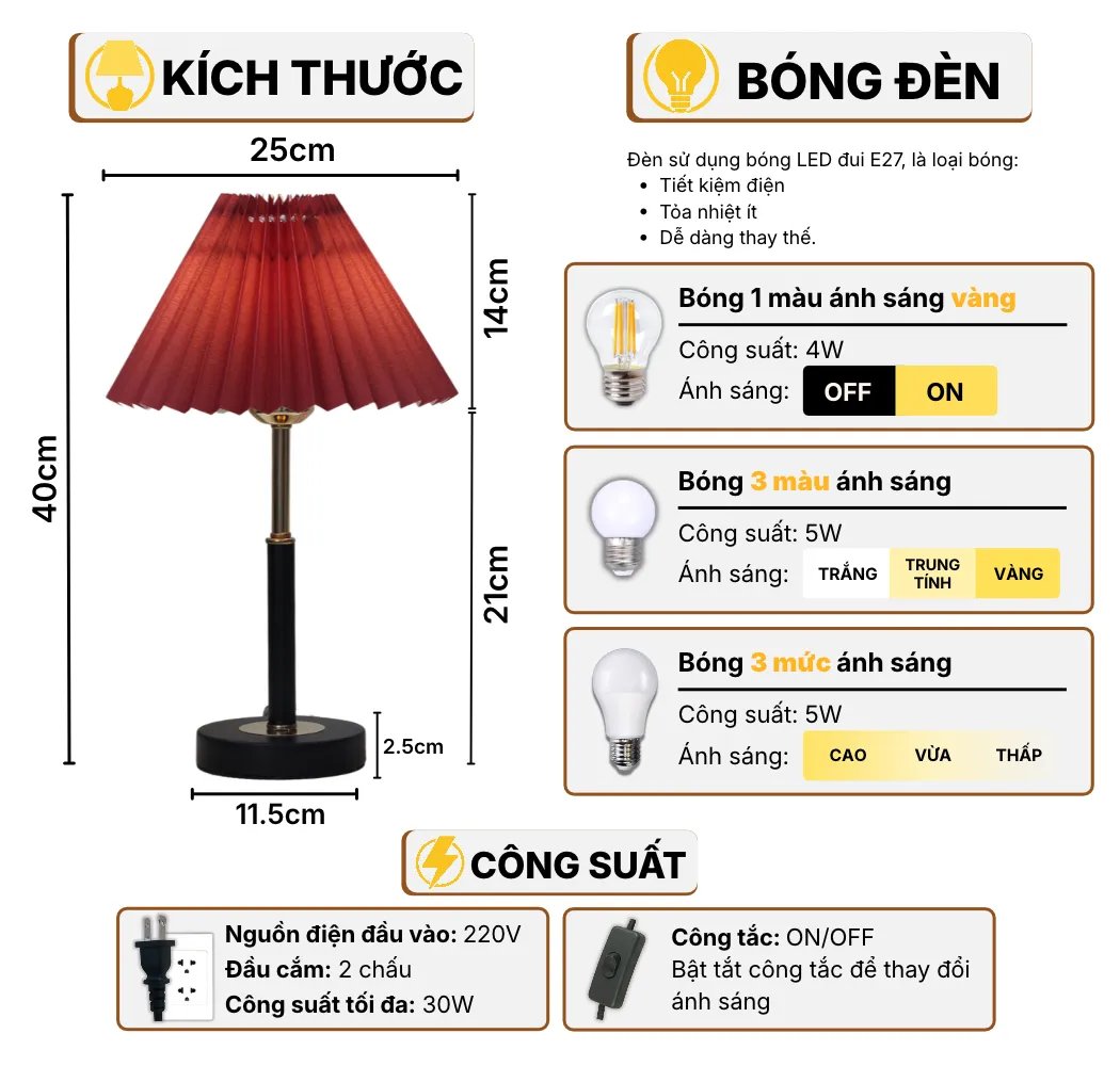 Thông Số Kĩ Thuật Đèn Ngủ Để Bàn HUTA Light For Life T9 Điều Chỉnh Độ Sáng, Bóng Led Sáng Vàng Tiết Kiệm Điện Năng