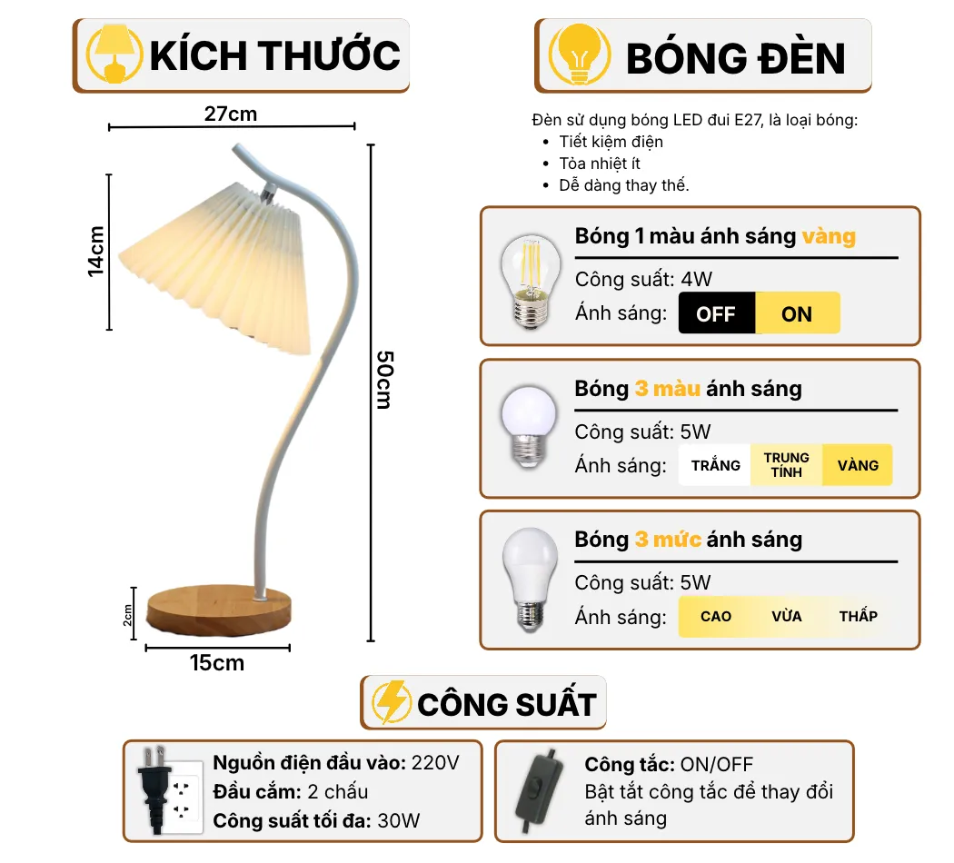 Thông Số Kĩ Thuật Đèn Ngủ Để Bàn HUTA Light For Life T14 Điều Chỉnh Độ Sáng, Bóng Led Sáng Vàng Tiết Kiệm Điện Năng