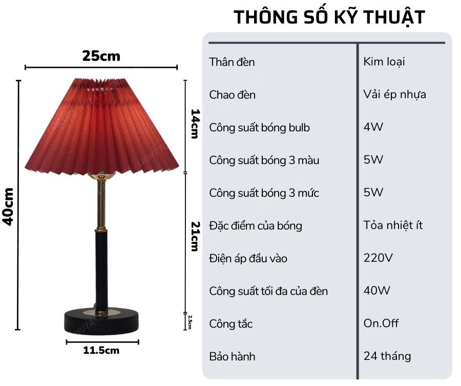 2. Thông số kĩ thuật đèn ngủ để bàn mã T9