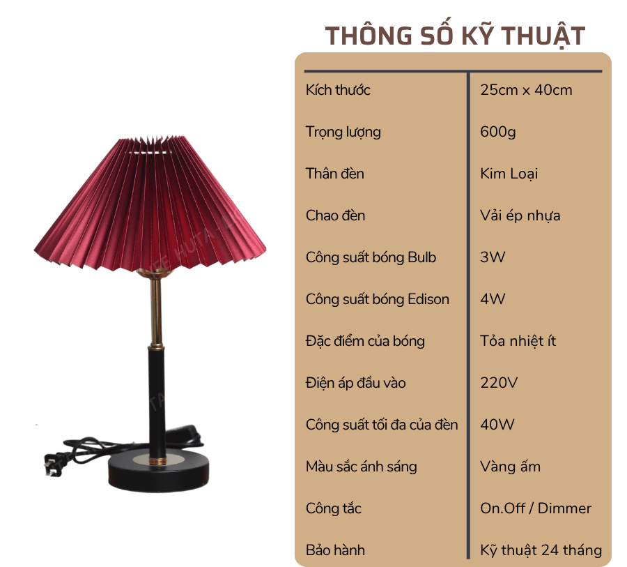 2. Thông số kĩ thuật đèn ngủ để bàn mã T9