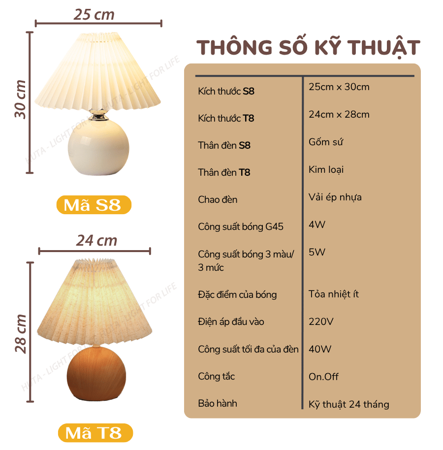 2. Thông số kĩ thuật đèn ngủ để bàn mã S8T8