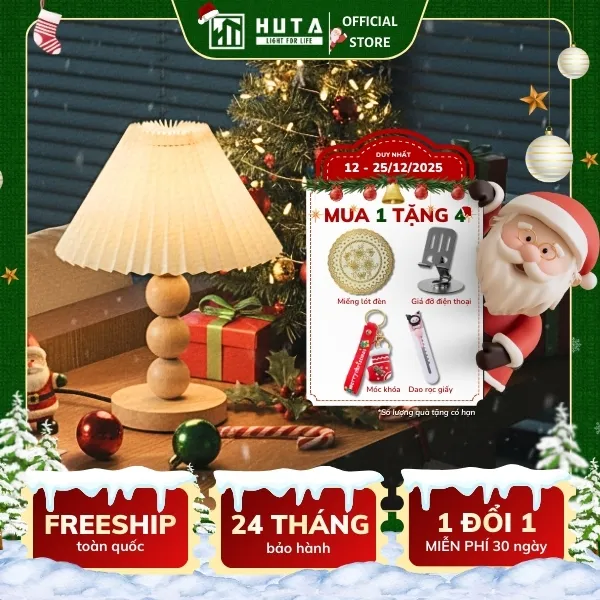Đèn Ngủ Để Bàn HUTA Light For Life G7 Thân Gỗ Chắc Chắn, Chao Xếp Ly Vintage, 3 Màu Ánh Sáng