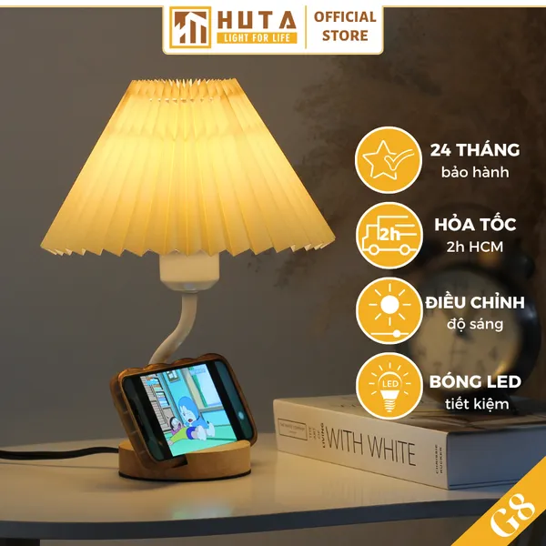 Đèn Ngủ Để Bàn Gỗ HUTA G8 Chao Vải Xếp Ly, Điều Chỉnh Độ Sáng, Kèm Gác Điện Thoại 