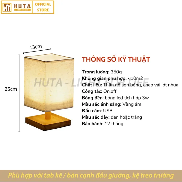 Đèn Ngủ Để Bàn Gỗ HUTA G3S Đầu Cắm USB, Dải Led Ánh Sáng Vàng Tiết Kiệm Điện