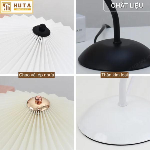 Đèn Ngủ Để Bàn HUTA Light For Life T11 Thân Kim Loại, Chao Xếp Ly Vintage, Đầu Cắm Điện 2 Chấu 220V