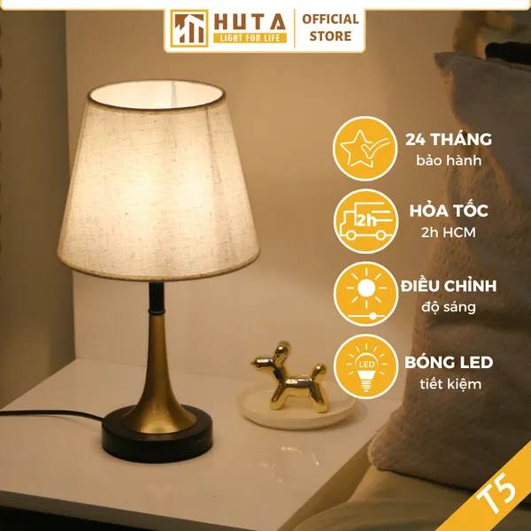 Đèn ngủ để bàn thân thép HUTA T5 Sang Trọng Điều Chỉnh Độ Sáng, Bóng Led Sáng Vàng  