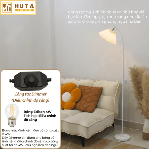 Đèn Cây Đứng Decor HUTA KT7 Thân Kim Loại, Chao Xếp Ly, Điều Chỉnh Ánh Sáng Vàng