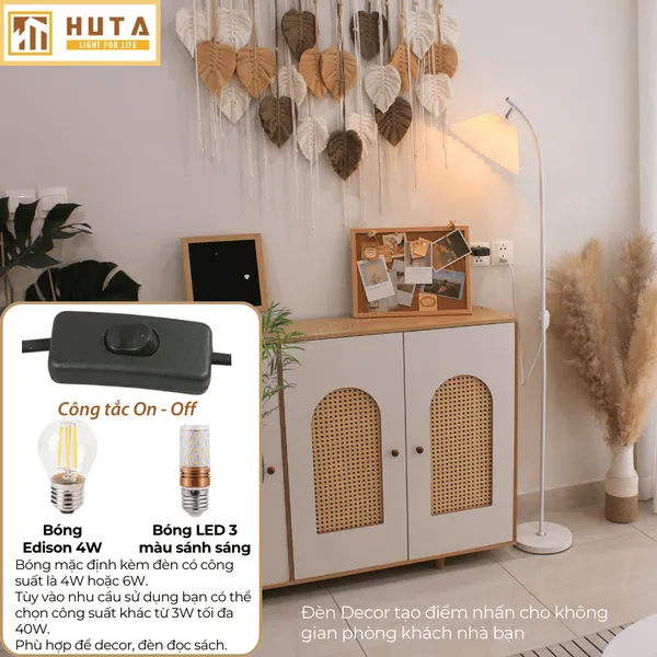 Đèn Cây Đứng Decor HUTA KT7 Thân Kim Loại, Chao Xếp Ly, Điều Chỉnh Ánh Sáng Vàng