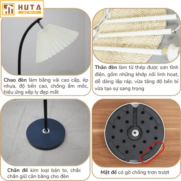 Đèn Cây Đứng Decor HUTA KT7 Thân Kim Loại, Chao Xếp Ly, Điều Chỉnh Ánh Sáng Vàng