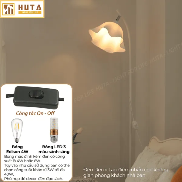 Đèn Cây Đứng Decor HUTA KT8 Thân Kim Loại, Phong Cách Bắc Âu, Điều Chỉnh Ánh Sáng