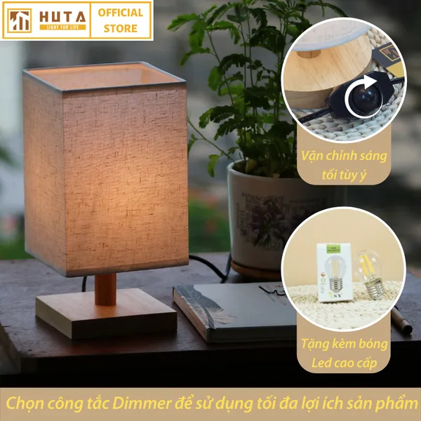 Đèn Ngủ Để Bàn Gỗ HUTA G3 Điều Chỉnh Độ Sáng, Đầu Cắm Điện 2 Chấu 220v, Ánh Sáng Vàng