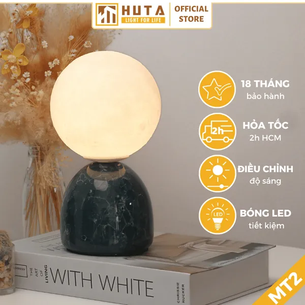 Đèn ngủ để bàn mặt trăng in 3D HUTA MT2 Thân Gốm Sứ, Điều Chỉnh Độ Sáng, Ba Màu Sáng