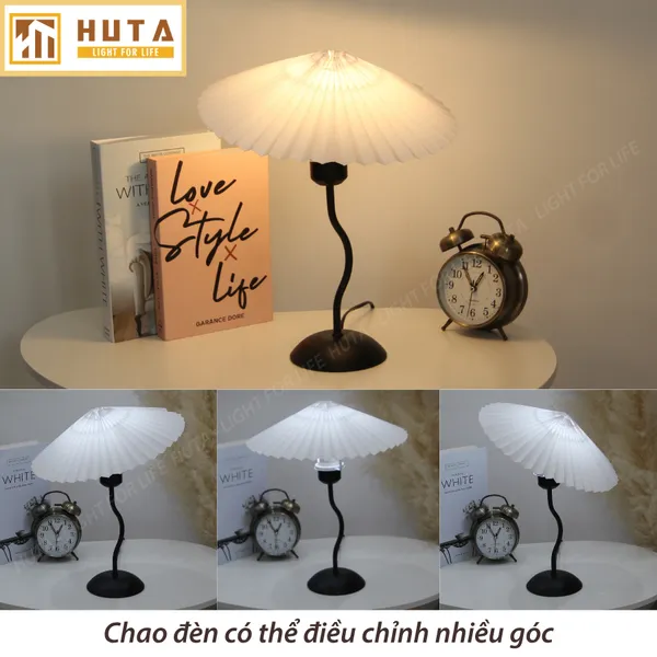 Đèn ngủ để bàn HUTA mã T11 Thân Kim Loại, Chao Xếp Ly Vintage, Đầu Cắm Điện 2 Chấu 220V