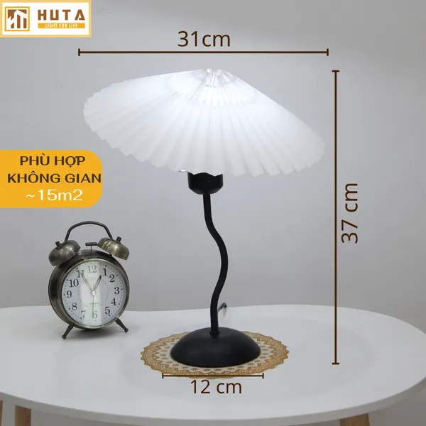 Đèn ngủ để bàn HUTA mã T11 Thân Kim Loại, Chao Xếp Ly Vintage, Đầu Cắm Điện 2 Chấu 220V