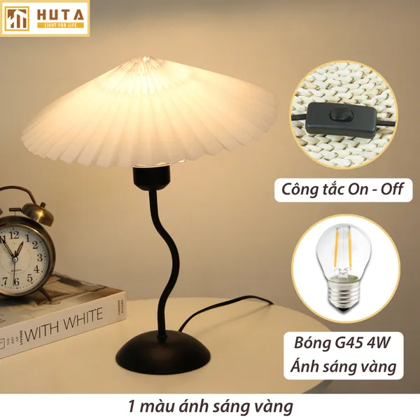 Đèn ngủ để bàn HUTA mã T11 Thân Kim Loại, Chao Xếp Ly Vintage, Đầu Cắm Điện 2 Chấu 220V