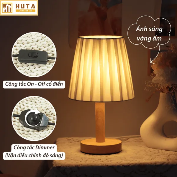 Đèn Ngủ Để Bàn Gỗ HUTA G4 Trang Trí Vintage, Điều Chỉnh Ánh Sáng Vàng