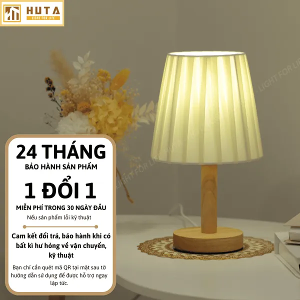 Đèn Ngủ Để Bàn Gỗ HUTA G4 Trang Trí Vintage, Điều Chỉnh Ánh Sáng Vàng