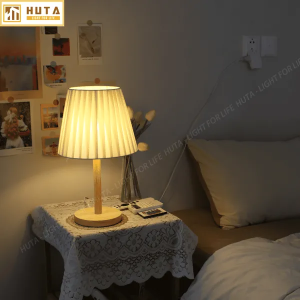 Đèn Ngủ Để Bàn Gỗ HUTA G4 Trang Trí Vintage, Điều Chỉnh Ánh Sáng Vàng