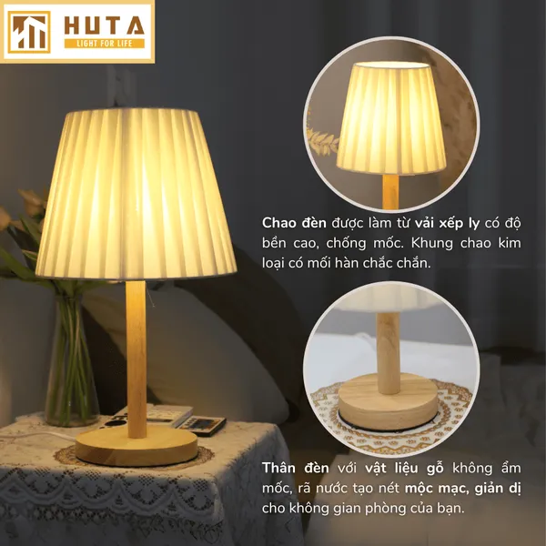 Đèn Ngủ Để Bàn Gỗ HUTA G4 Trang Trí Vintage, Điều Chỉnh Ánh Sáng Vàng