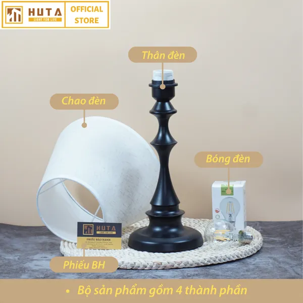 Đèn Ngủ Để Bàn Thép HUTA T2 Sang Trọng Điều Chỉnh Độ Sáng, Bóng Led Sáng Vàng