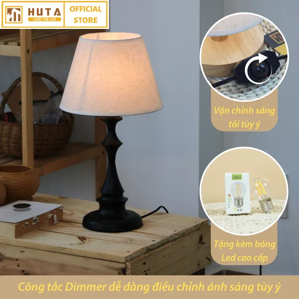 Đèn Ngủ Để Bàn Thép HUTA T2 Sang Trọng Điều Chỉnh Độ Sáng, Bóng Led Sáng Vàng