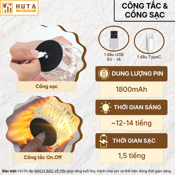Đèn Bàn Pin Sạc HUTA Light For Life PLCOC Bảo Hành 18 Tháng, Thiết Kế Hiện Đại, Ba Chế Độ Sáng
