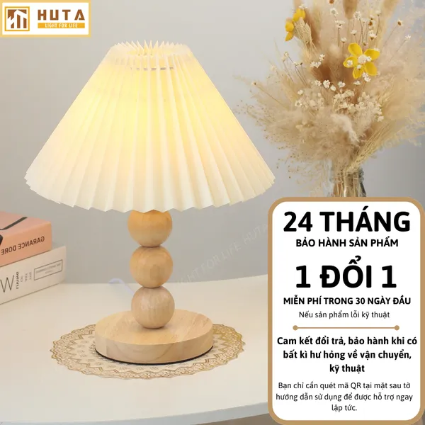 Đèn Ngủ Để Bàn HUTA Light For Life G7 Thân Gỗ Chắc Chắn, Chao Xếp Ly Vintage, 3 Màu Ánh Sáng