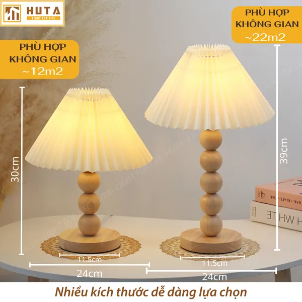 Đèn Ngủ Để Bàn HUTA Light For Life G7 Thân Gỗ Chắc Chắn, Chao Xếp Ly Vintage, 3 Màu Ánh Sáng