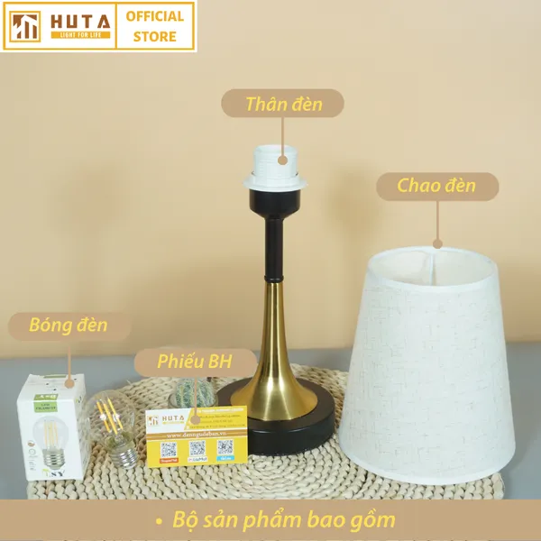Đèn Ngủ Để Bàn Thép HUTA T5 Sang Trọng Điều Chỉnh Độ Sáng, Bóng Led Sáng Vàng