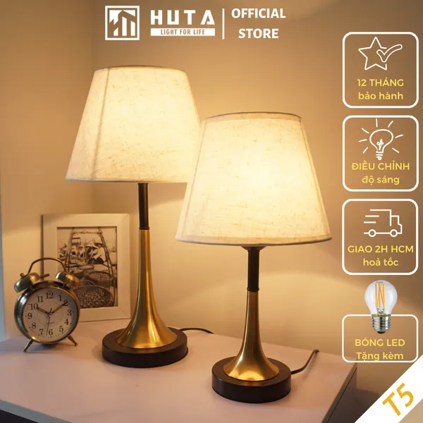 Đèn Ngủ Để Bàn Thép HUTA T5 Sang Trọng Điều Chỉnh Độ Sáng, Bóng Led Sáng Vàng