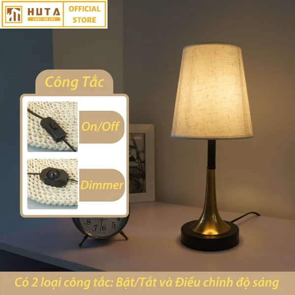 Đèn Ngủ Để Bàn Thép HUTA T5 Sang Trọng Điều Chỉnh Độ Sáng, Bóng Led Sáng Vàng