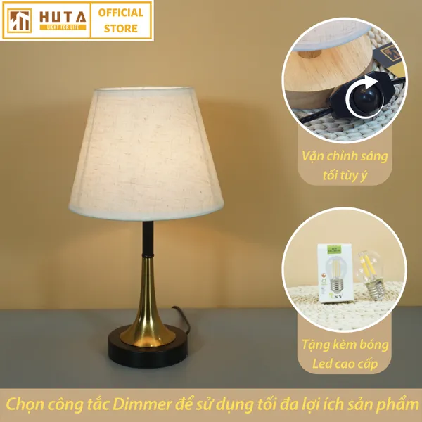 Đèn Ngủ Để Bàn Thép HUTA T5 Sang Trọng Điều Chỉnh Độ Sáng, Bóng Led Sáng Vàng