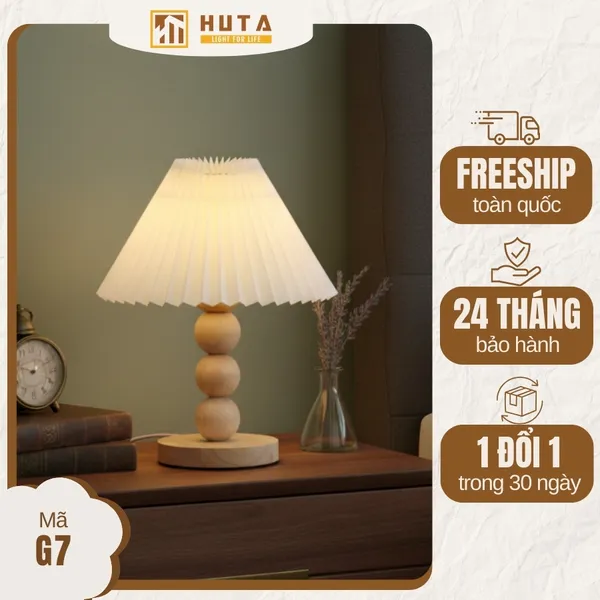 Đèn Ngủ Để Bàn HUTA Light For Life G7 Thân Gỗ Chắc Chắn, Chao Xếp Ly Vintage, 3 Màu Ánh Sáng