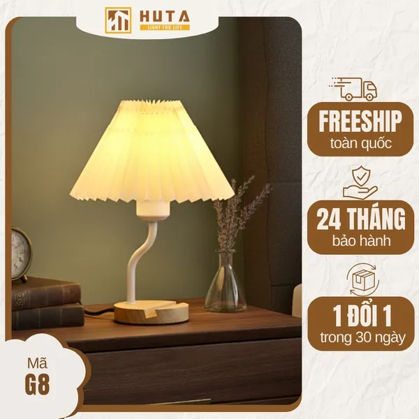 Đèn Ngủ Để Bàn HUTA Light For Life G8 Chao Vải Xếp Ly, Điều Chỉnh Độ Sáng, Kèm Gác Điện Thoại 