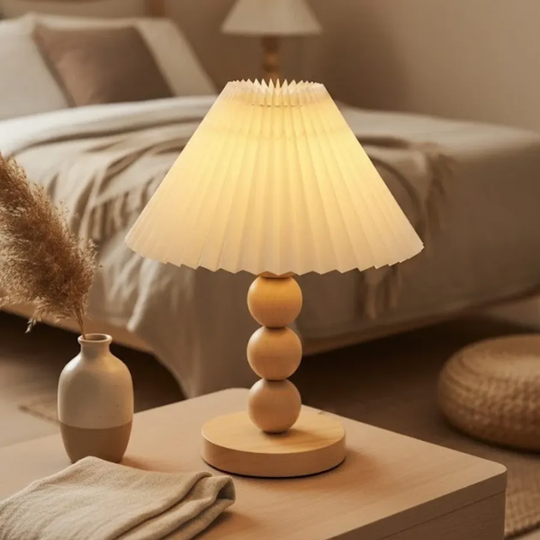 Đèn Ngủ Để Bàn HUTA Light For Life G7 Thân Gỗ Chắc Chắn, Chao Xếp Ly Vintage, 3 Màu Ánh Sáng