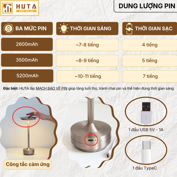 Đèn Bàn Cảm Ứng Hiện Đại HUTA Light For Life AL4 Kim Loại Sơn Tĩnh Điện, Thiết Kế Hiện Đại, Pin Sạc Tích Điện