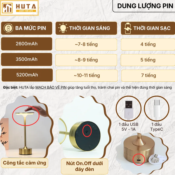 Đèn Bàn Trang Trí HUTA Light For Life AL3 Điều Chỉnh Độ Sáng, Chạm Cảm Ứng, Bảo Hành 18 Tháng