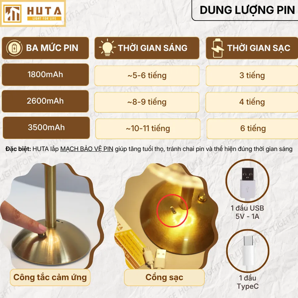 Đèn Bàn Decor HUTA Light For Life RESBED3 Cảm Ứng Tích Điện, Điều Chỉnh Ánh Sáng Vàng