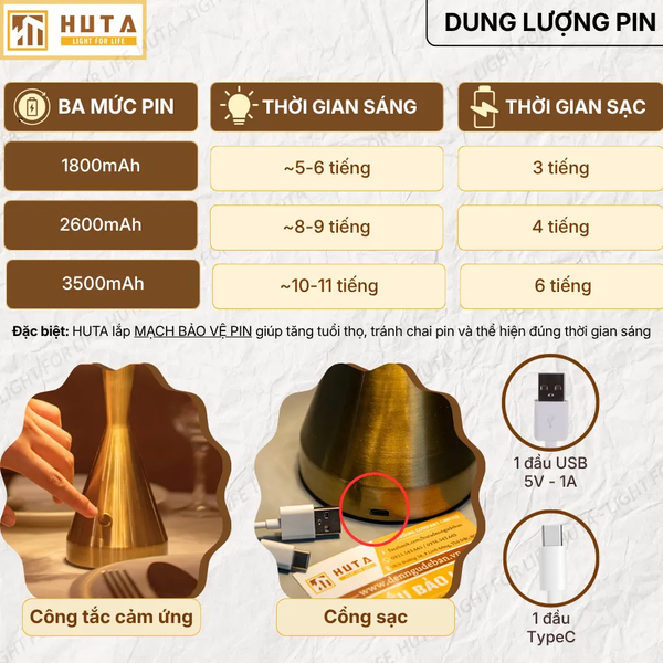 Đèn Bàn Không Dây HUTA Light For Life RESBED2 Kim Loại Sơn Tĩnh Điện, Điều Chỉnh Độ Sáng