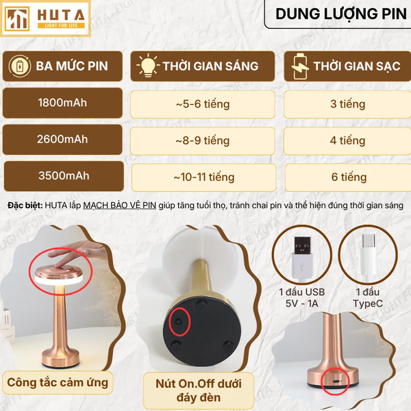 Đèn Bàn Trang Trí HUTA Light For Life RESDIA1 Điều Chỉnh Độ Sáng, Chạm Cảm Ứng, Bảo Hành 18 Tháng