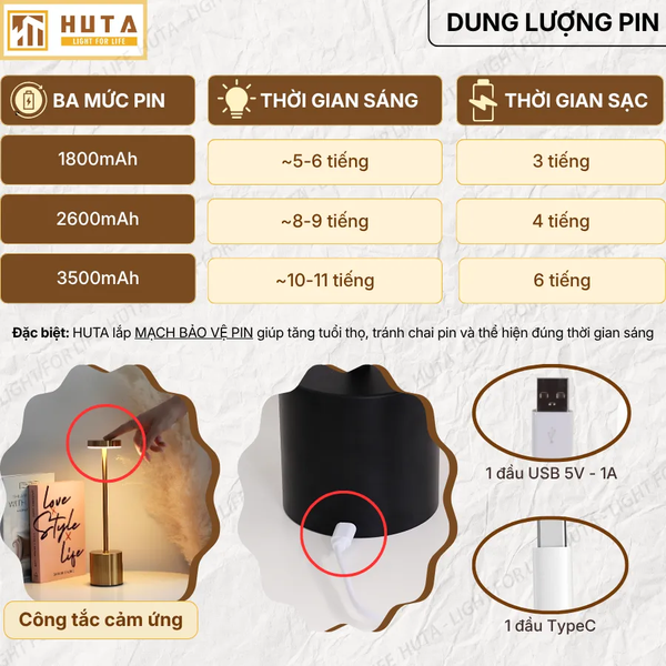 Đèn Bàn Pin Sạc HUTA Light For Life AL1 Thép Điều Chỉnh Độ Sáng, Thiết Kế Hiện Đại
