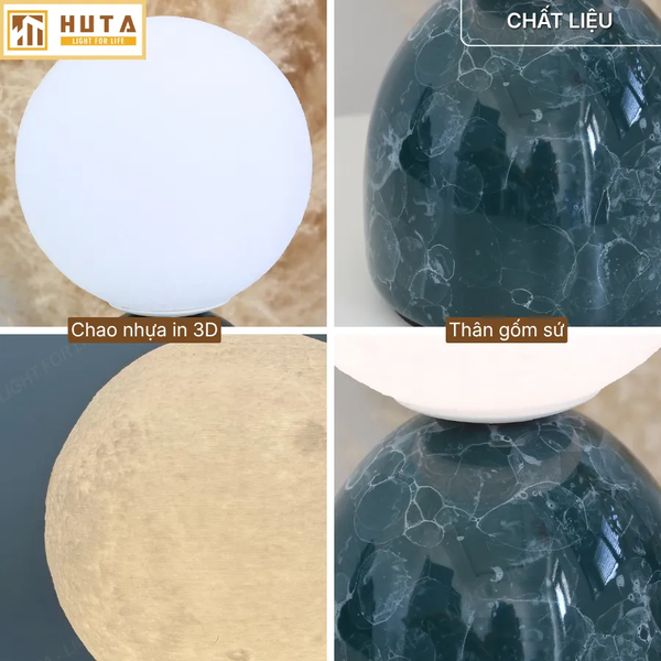 Đèn Ngủ Để Bàn Mặt Trăng In 3D HUTA MT2 Thân Gốm Sứ, Điều Chỉnh Độ Sáng, Ba Màu Sáng