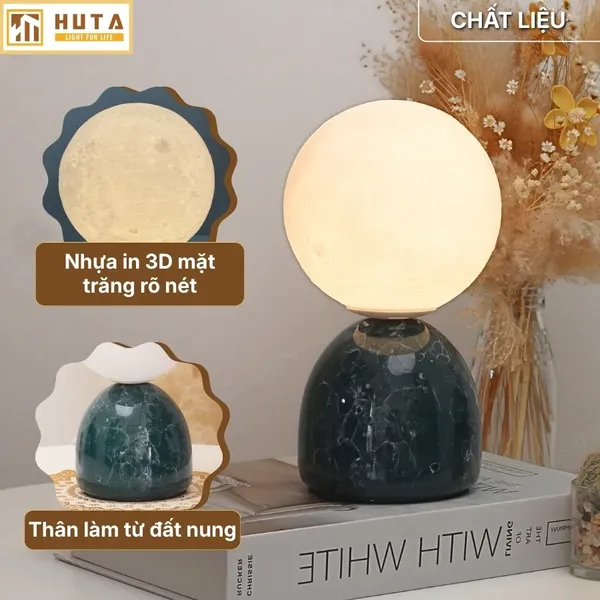 Đèn Ngủ Để Bàn Mặt Trăng In 3D HUTA MT2 Thân Gốm Sứ, Điều Chỉnh Độ Sáng, Ba Màu Sáng