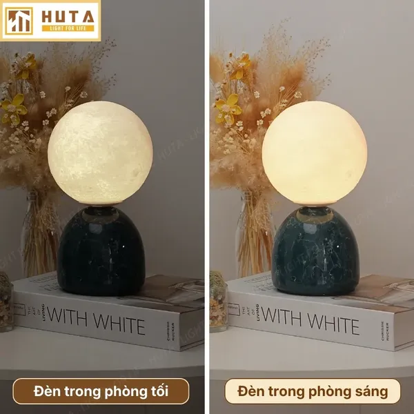 Đèn Ngủ Để Bàn Mặt Trăng In 3D HUTA MT2 Thân Gốm Sứ, Điều Chỉnh Độ Sáng, Ba Màu Sáng