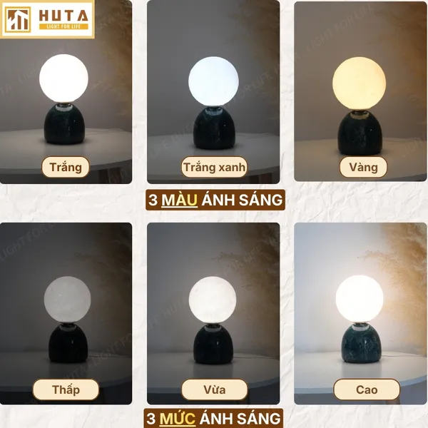 Đèn Ngủ Để Bàn Mặt Trăng In 3D HUTA MT2 Thân Gốm Sứ, Điều Chỉnh Độ Sáng, Ba Màu Sáng