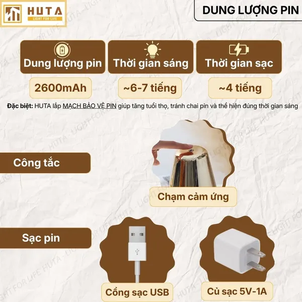 Đèn Bàn Trang Trí HUTA Light For Life BOO Pin Sạc Tích Điện, Điều Chỉnh Độ Sáng, Decor Phòng