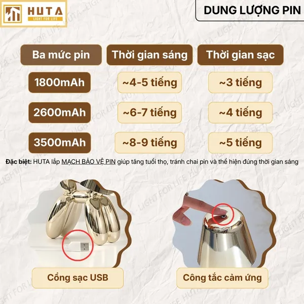 Đèn Bàn Trang Trí HUTA Light For Life DOGO Pin Sạc Tích Điện, Điều Chỉnh Độ Sáng, Decor Phòng